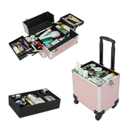 Rolling Makeup Train Case 4-in-1 Aluminum Lockable 4 Removable Wheels Collapsible Trays DIY Compartments Telescopic Rod Cosmetic Organizer Trolley for Makeup Artists Salon Travel Black Pink Rhinestone