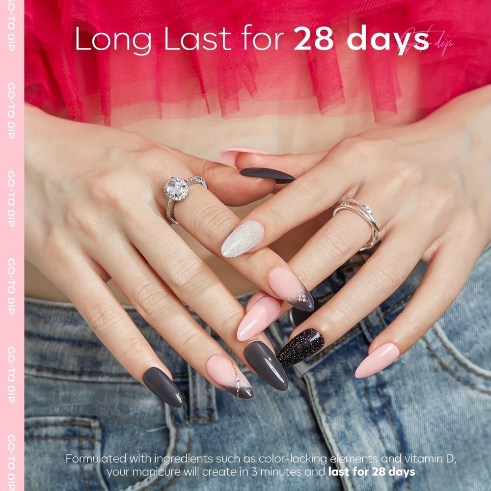 A Starter Kit for Dip Powder Nails Featuring Four Colors: Soft Gray, Pink, Black Glitter, Along with Essential Liquids Including Base And Top Coats, Activator, Perfect for French Nail Art And Salon-Style Manicures