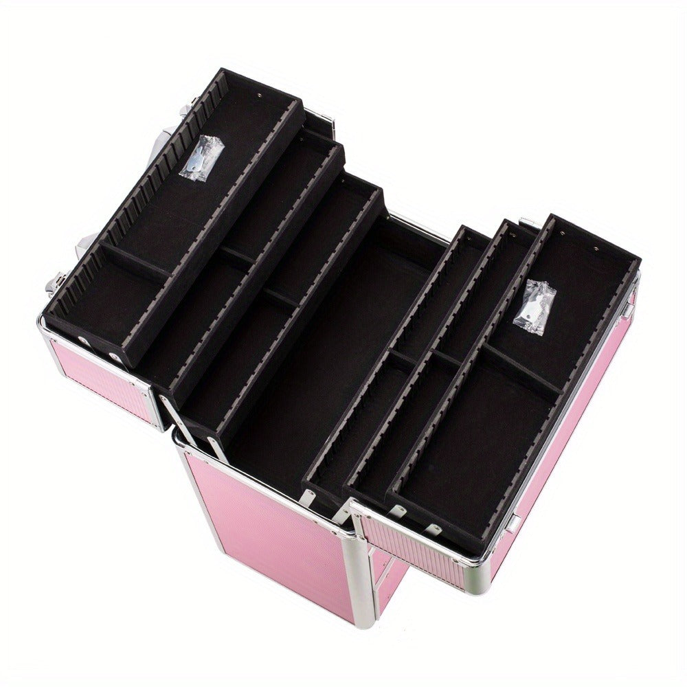 4 Tier Lockable Cosmetic Makeup Train Case with Extendable Trays Pink