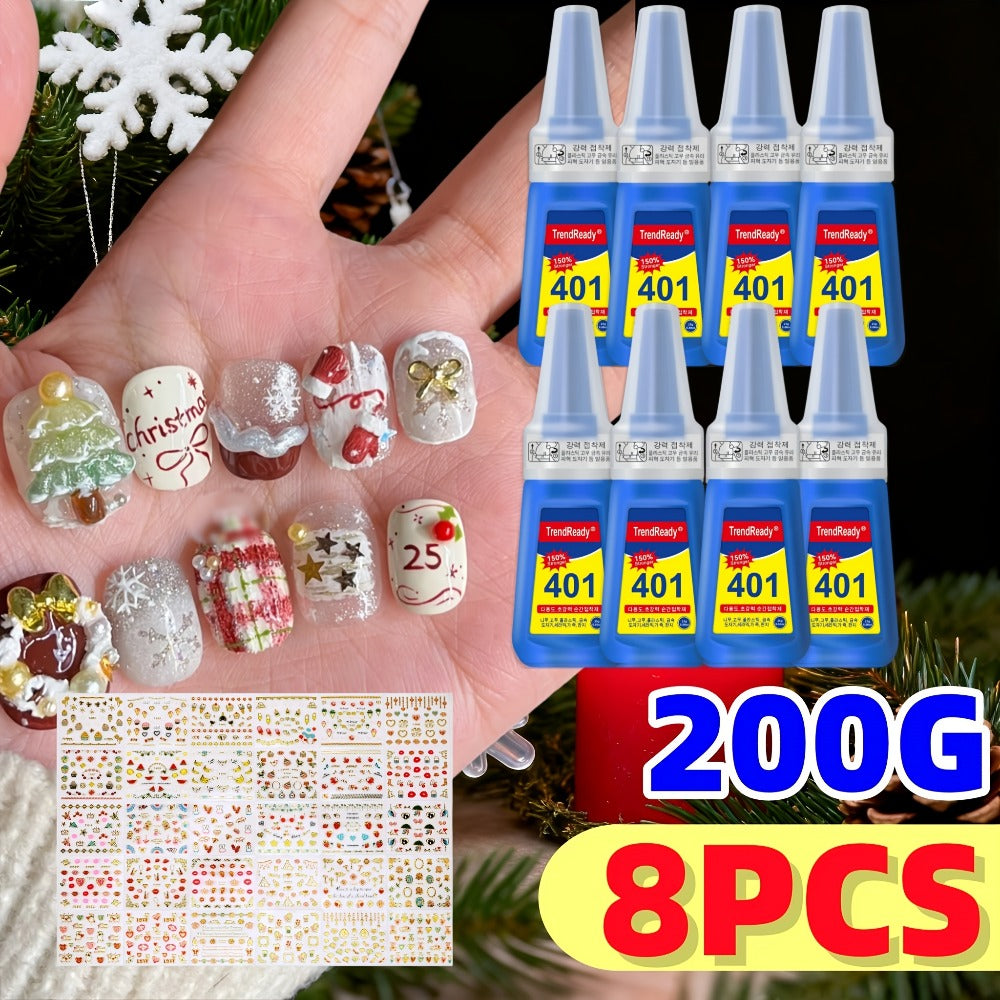 8-Pack/6-Pack/4-pack/2-Pack Extra Strong & Waterproof Nail Adhesive with Nail Stickers | 0.85oz Bottles with Dropper Tip | Quick-Release, Long-Wearing | Alcohol-Free Salon Formula | Multi-Use: Nails, Fabric, Repairs | Super Glue, Nail Glue