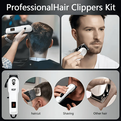 Professional Hair Clipper Set for Men — USB Rechargeable, Large-Capacity Battery, LCD Display, Reinforced White Design, Business Travel Essential, Gift for Dad & Son