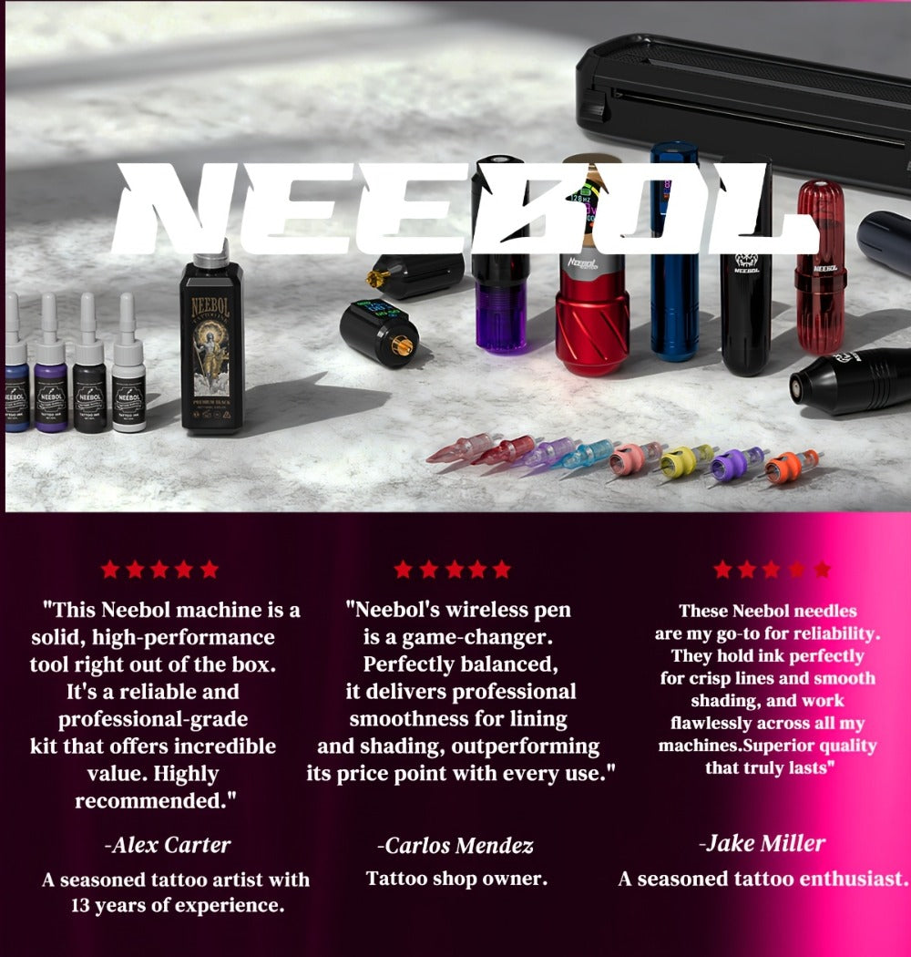 Neebol Tattoo Gun Kit Complete Set, Portable Design, Cordless Tattoo Pen, 1600mAH Battery, Wireless Machine, 20 Red Cartridge Needles, 8 Inks, Extra White Soap, Tattoo Supplies For Beginners & Artists, Body Art Makeup, Easter Gift