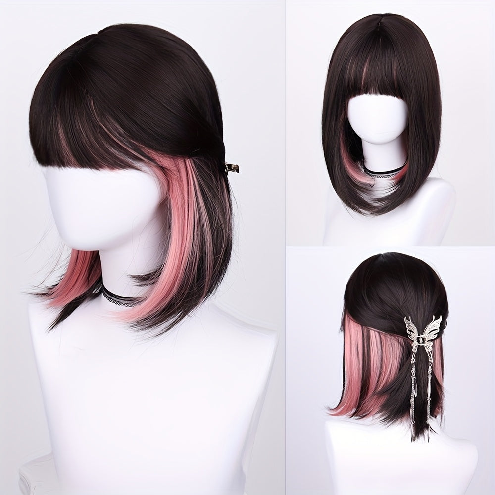 Women's Dark Black Green Ombre 16-Inch Short Bob Straight Wig with Bangs - High-Density 150% Synthetic Hair, Rose Net Cap for Halloween, Christmas, Cosplay & Parties - Elegant Style, Suitable for All Ethnicities, Party Accessory