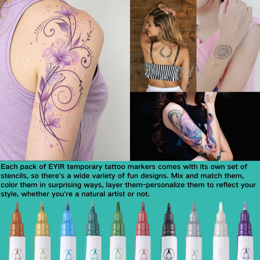 10pcs Double-ended Tattoo Pen Set + 114 Templates + Butterfly Temporary Tattoo Sticker Set Of Waterproof And Sweat-resistant Long-lasting DIY Design Tools, Easy to Remove And Washable Body Painting, The Ideal Choice for Party And Festival Gifts