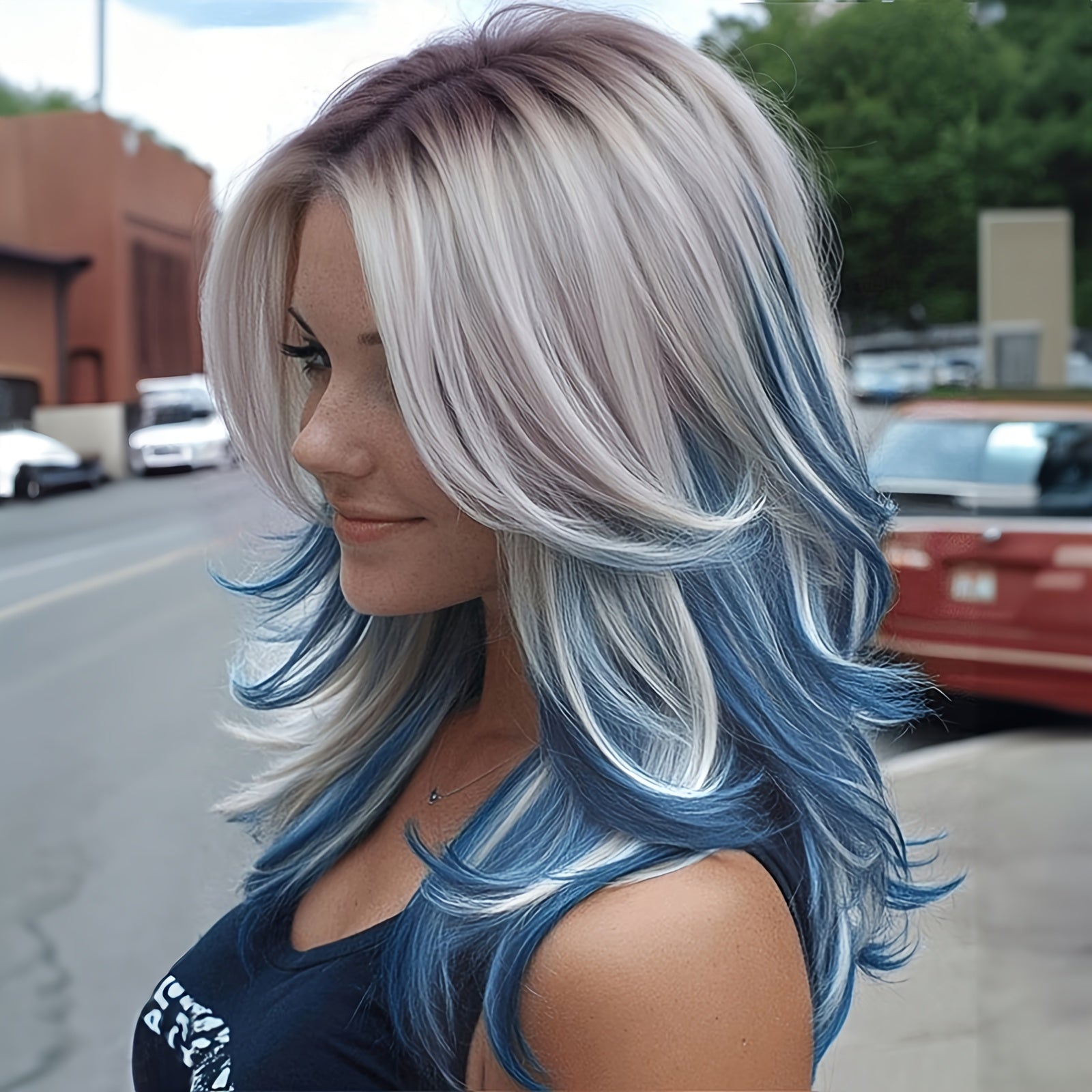 A 22-Inch Stylish Wig for Women Featuring a Beautiful Gradient Blue Color with Bangs And Layers, Made from Synthetic Fibers. It Comes with a Rose Hair Net And Can Withstand High Temperatures, Making It Perfect for Cosplay, Parties, Travel, Weddings