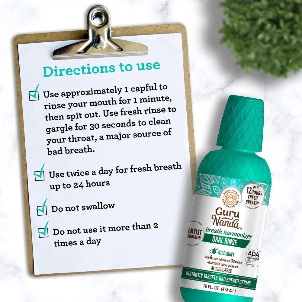 GuruNanda Fresh Breath Mouthwash, ADA-Accepted, Alcohol & Fluoride-Free, Sodium Chlorite, Essential Oils & Vitamins, 12-Hrs Fresh Breath, Wild Mint, 16 oz - 2 Pack