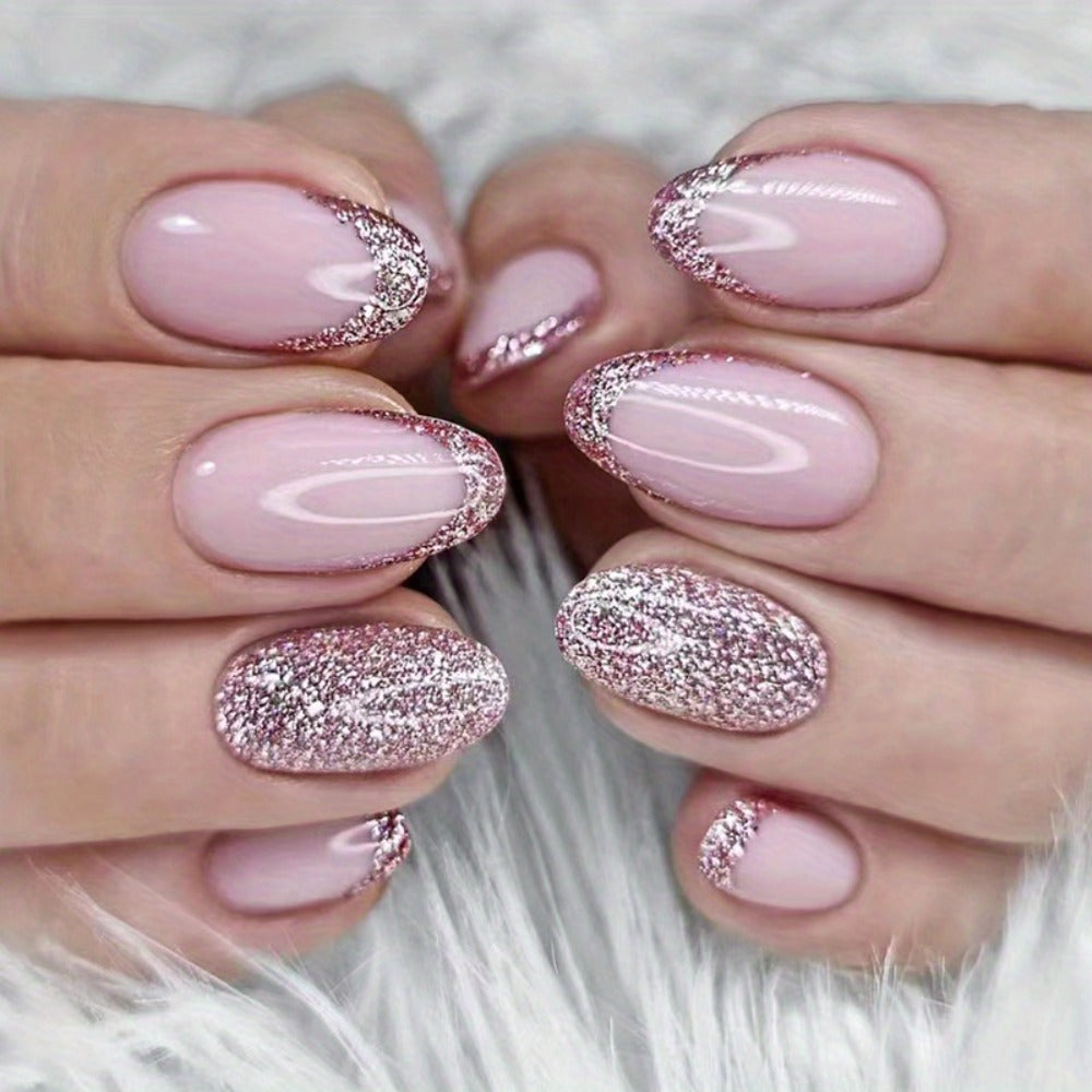 5pcs 120pcs Sparkling Glitter Coffin Nails - Medium Length with Sequins Designs Durable Glossy Pinkish Purple Acrylic - Full Cover False Nails for Women-Easy Press-On, Secure Glue-On,  Nail Art, Press On Manicure, Beauty Lovers