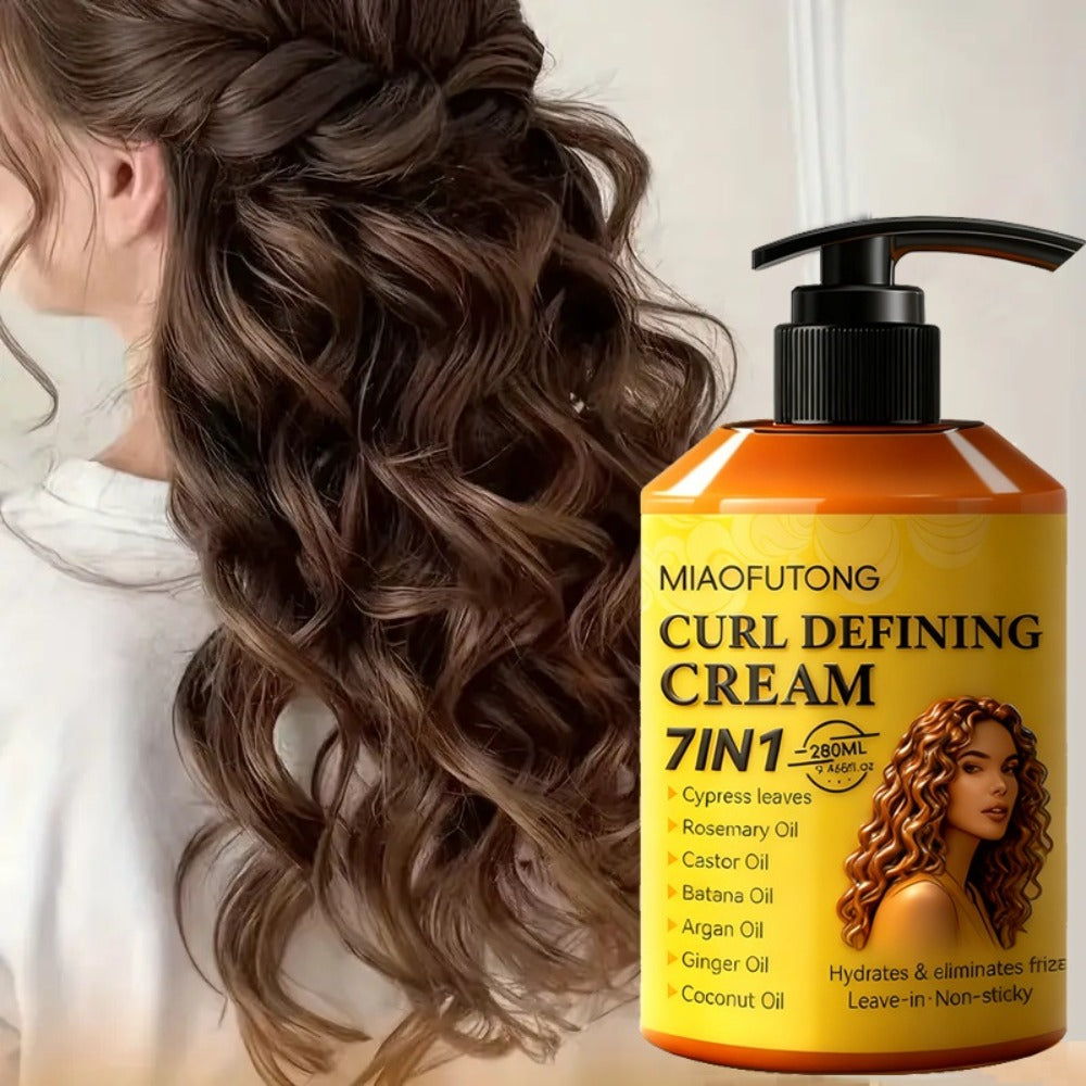 Curl Cream with 7-in-1 Hair Oil 280ml - Deep Moisture Defining Curl Cream Infused with Argan Oil Rosemary Castor Coconut Oil - Long-Lasting Voluminous Waves for Curly Wavy Hair