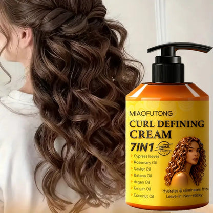 Curl Cream with 7-in-1 Hair Oil 280ml - Deep Moisture Defining Curl Cream Infused with Argan Oil Rosemary Castor Coconut Oil - Long-Lasting Voluminous Waves for Curly Wavy Hair