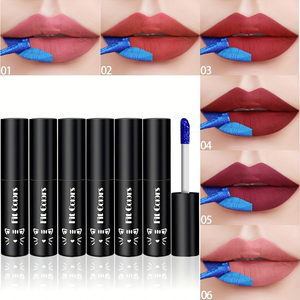 Lip Stain Set 6 Colors Matte Velvet Waterproof Smudge-Proof Long Lasting Lip Gloss Metallic Blue Cobalt Shades Vegan Hypoallergenic All Skin Tones