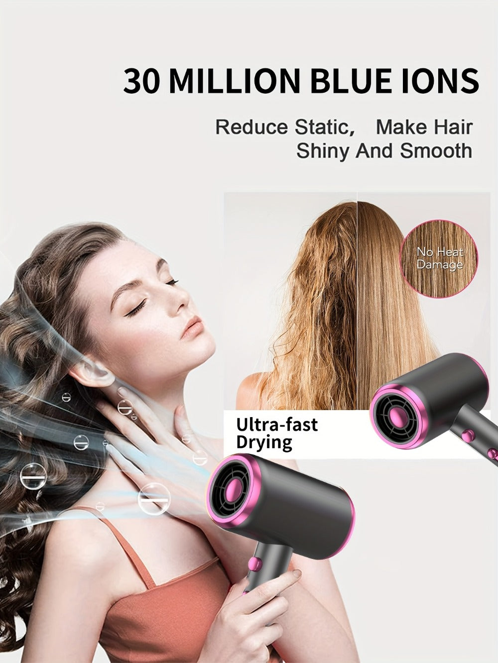 Professional Ionic Hair Dryer, Powerful 1600W Quick Dry Low Noise Hair Dryer with 2 Concentrator Nozzles 1 Diffuser Attachment 3 Combs One Multi-Purpose Hanger for Home Salon Travel (Gray, White, Red, Green, Purple, Pink)