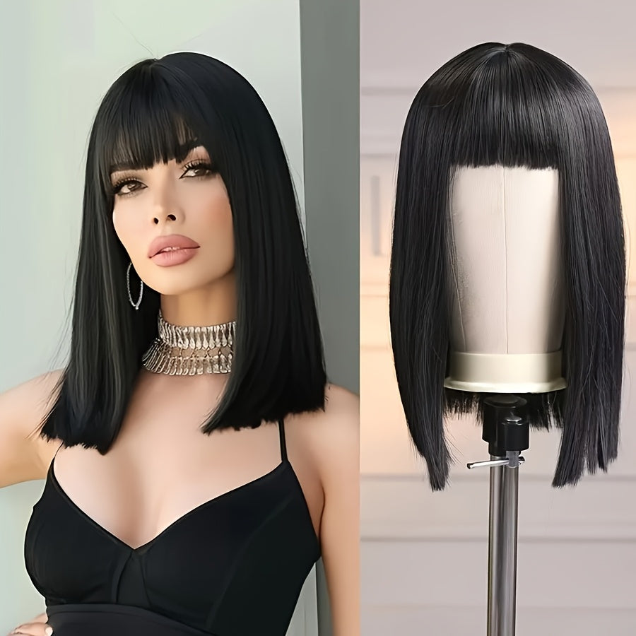 16" Blunt Cut Straight Bob Wig with Bangs - Heat Resistant Synthetic Hair, 180% Density Rose Net Cap, Silky Straight Black Wig for Women & Men, Business, Party & Daily Wear