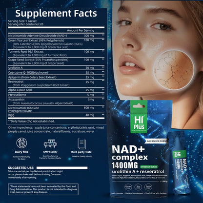 NAD+ Supplement 1400mg Liposomal with Nicotinamide Riboside PQQ & Trans-Resveratrol – Cellular Energy, Focus & Antioxidant Support | HiPlus Berry Flavor Portable Sachets (20 or 40 Packs)