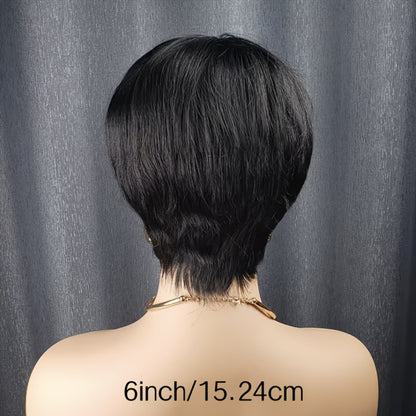 Human Hair Pixie Cut Wig with Bangs 180% Density No Glue Machine Made Breathable Cap Women Black Burgundy Short 6 Inch Daily Wear Party