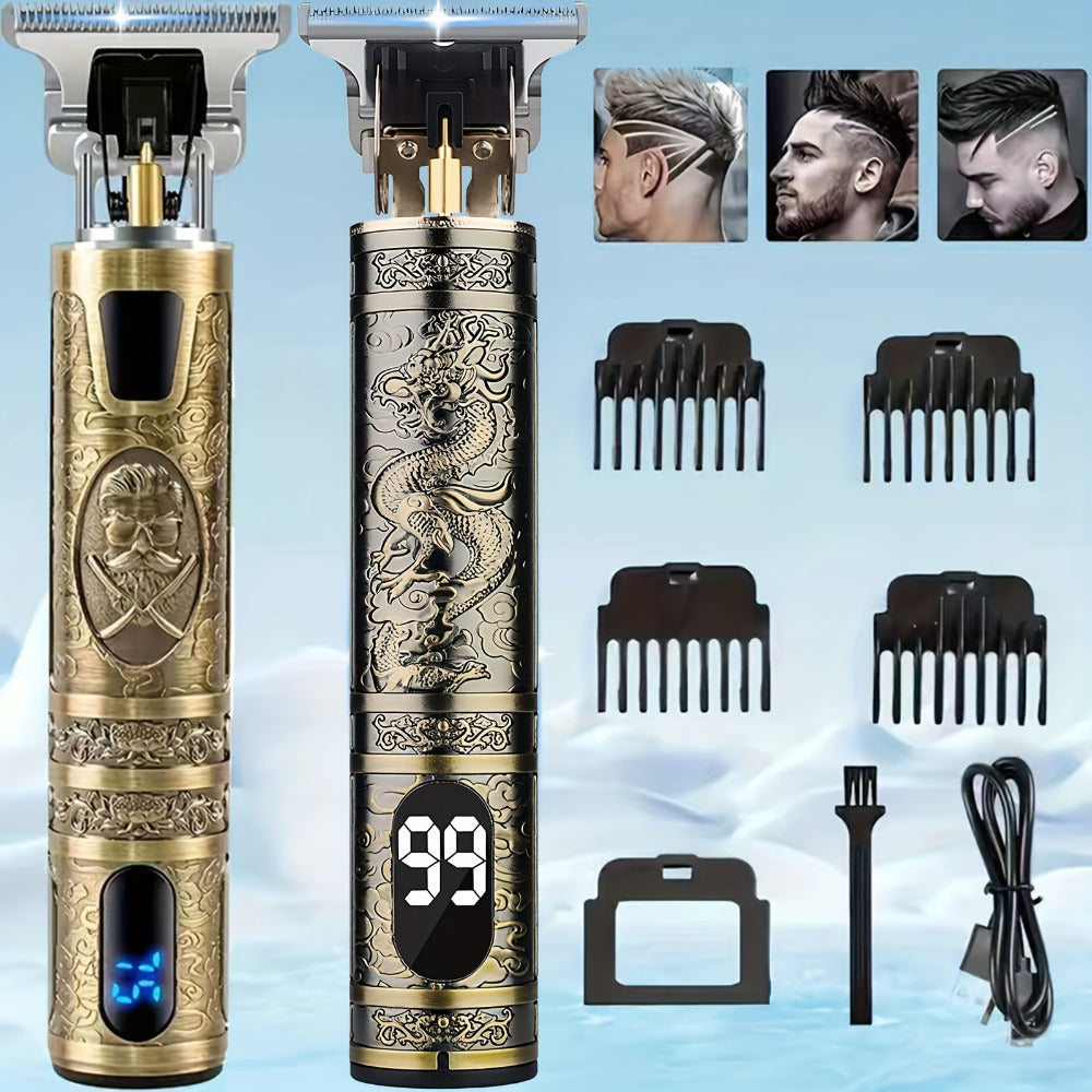 T-Blade Hair Trimmer for Men - LED Display USB Rechargeable 2000mAh, Vintage Dragon & Mustache Design, 4 Combs, Cordless Precision Grooming Kit, Holiday Gift