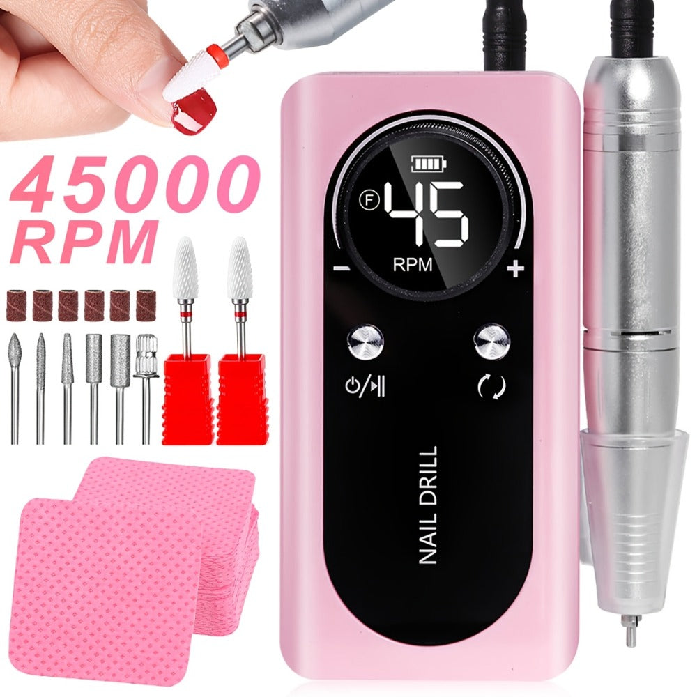 45000RPM Adjustable Speed Low-noise Nail Drill Cordless Display Power Portable Nail File Nail Grinder Suitable for Home Nail Salon Gel Nail Polishing for Nail Salon And Home