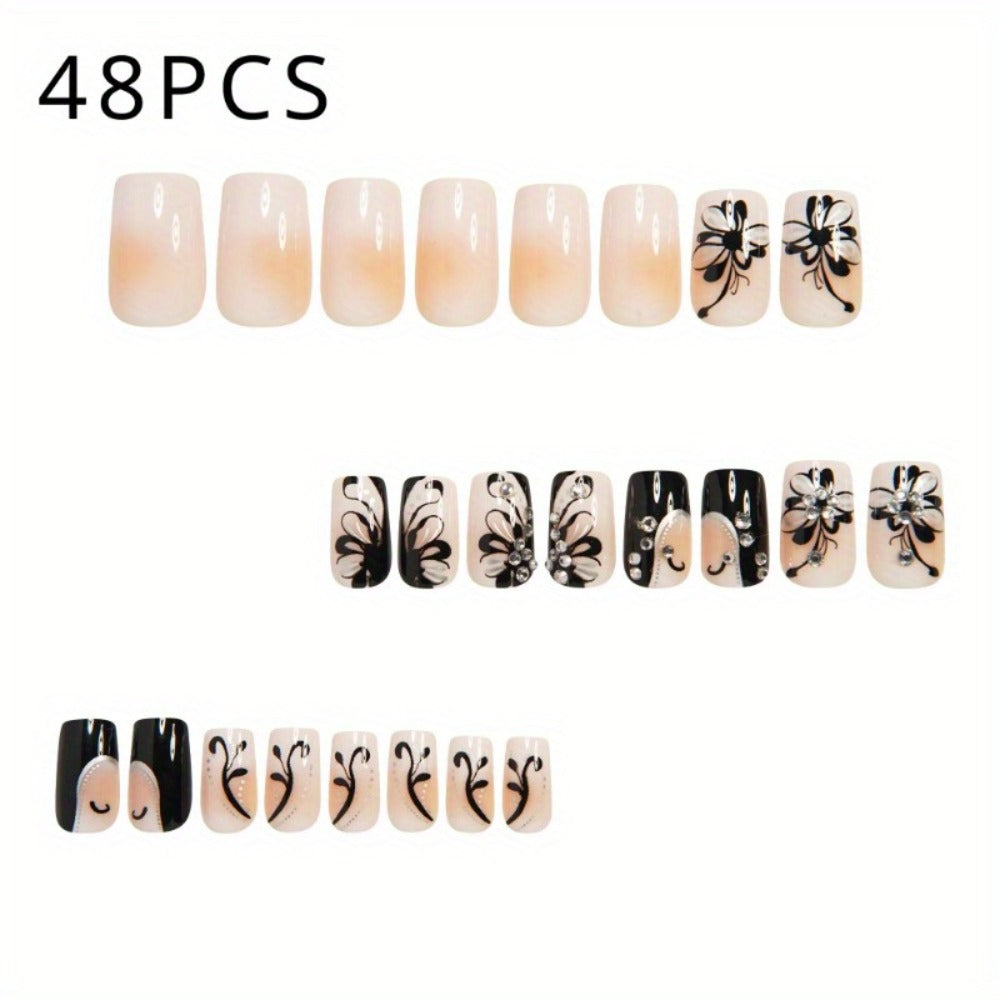48pcs Black and White Suit Fake Nails Square French and Butterfly Pattern Full Coverage Fake Nails Fake Nails Detachable Nail Suit Is an Excellent Choice for Ladies and Valentine's Day Thanksgiving Holiday Party Gifts.