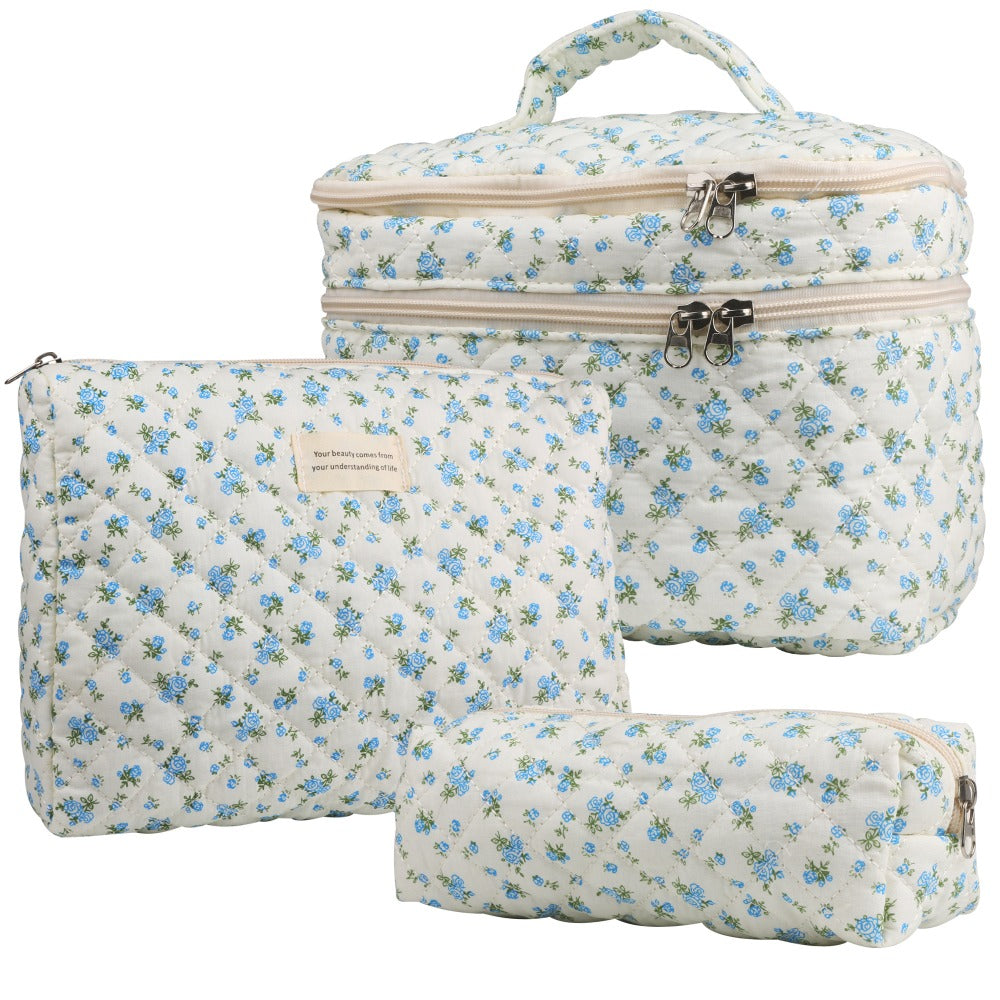 Large Capacity Dual Layer Cotton Makeup Cosmetic Bag (3PCS), Cute Quilted Travel Coquette Aesthetic Floral Make up Bag for Women Toiletry Bag (Blue Rose)