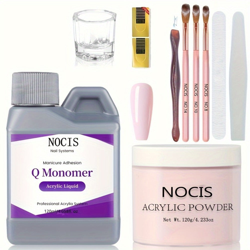 120G Professional Acrylic Nail Kit by NOCIS - Complete Starter Set, Pink Acrylic Powder, Monomer Liquid, Nail Brush, Nail Forms, for Nail Extension And Salon Use - Beginner Friendly, Easy to Use, Long-Lasting, And Salon-Quality Results