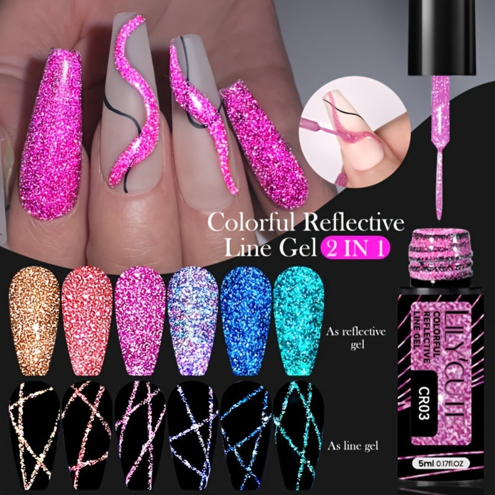 LYCUTE 0.17oz 6-Pack Super Glitter Reflective Color Eyeliner Gel Nail Polish Ultra Fine Brush Tip Stripe Drawing Gel