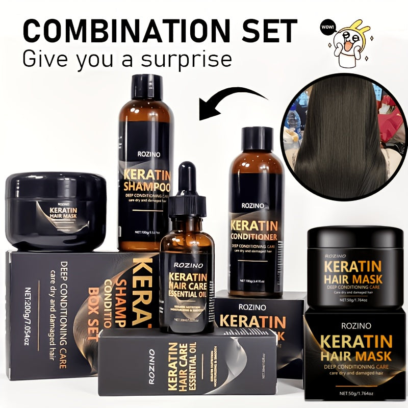 Keratin Hair Care 5pcs Set: Keratin Shampoo, Conditioner, Hair Mask, And Essential Oil - | Deeply Cleanses | Strengthens Roots | Repairs Split Ends | Volumizes And Nourishes |Hair Care Products | Keratin Heat Protection |Christmas Gift