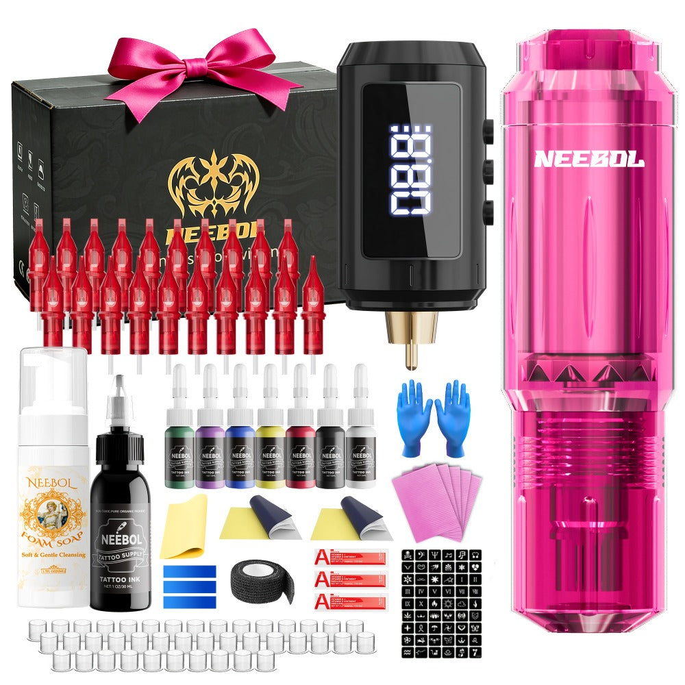 Tattoo Gun Kit Neebol Cordless Wireless Tattoo Pen 1600mAh Battery with 20 Cartridge Needles 8 Inks White Soap Complete Tattoo Machine Set for Beginners Artists Body Art