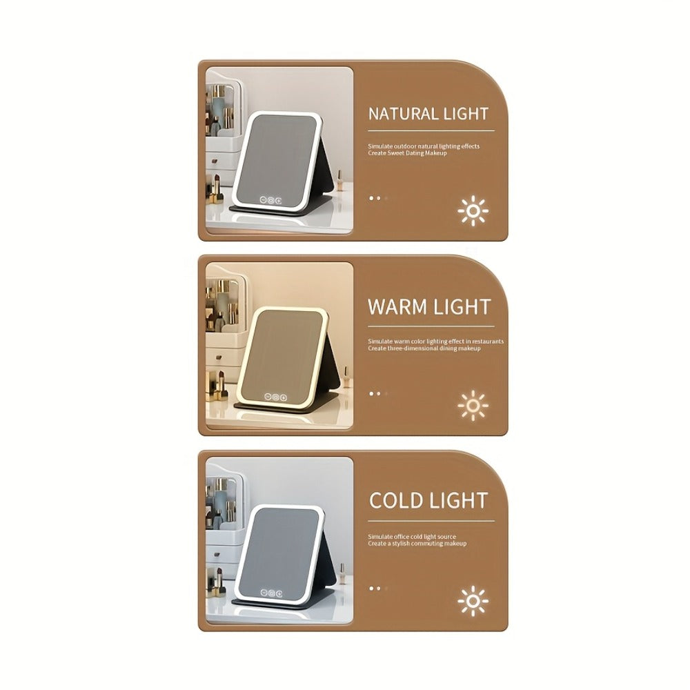 LED Makeup Mirror Folding with Touch Screen - USB Rechargeable Portable Vanity Mirror, Tri-Color Dimmable Lighting, Travel Desk Tabletop Use, Square or Round, Pink or White