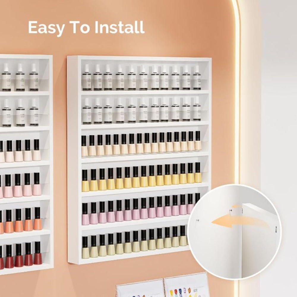 OmySalon 6 Layers Nail Polish Rack, Wall Mount Nail Polish Organizer W/Acrylic Baffle, Valentines Day Gift for Her, (White/Black)