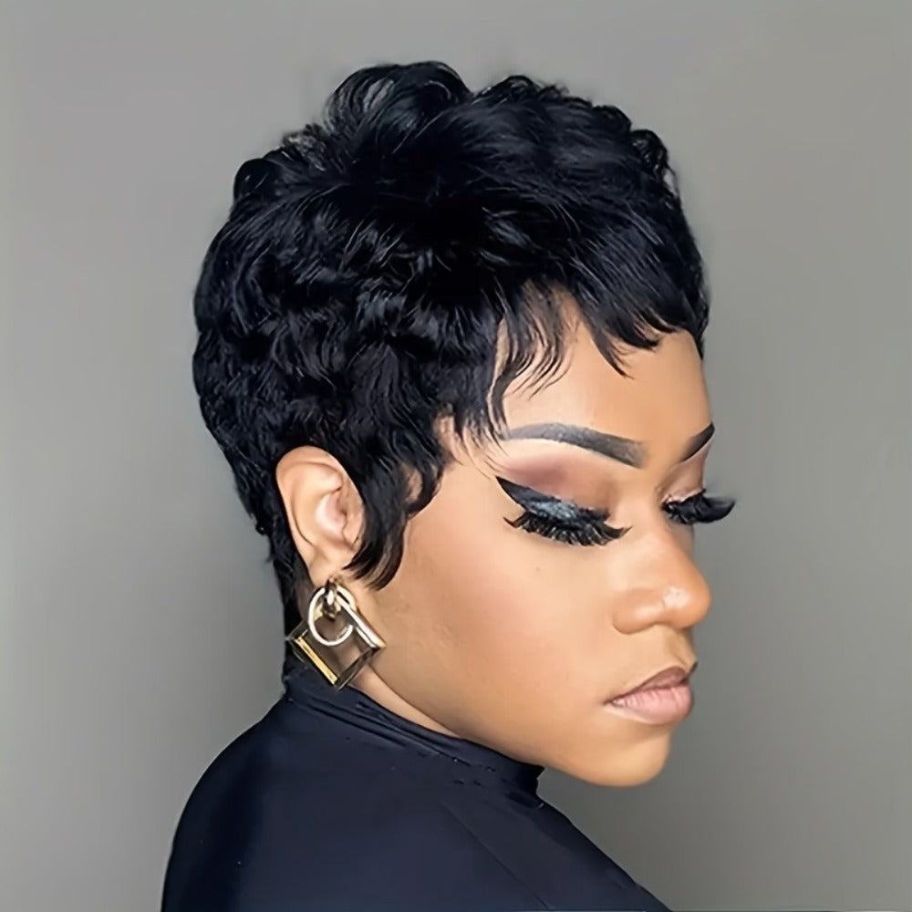 1pc Unisex Adult Black Pixie Cut Wig - 150% Density Straight Human Hair, Glueless Rose Net Cap, Layered Short Style for Daily And Special Occasions