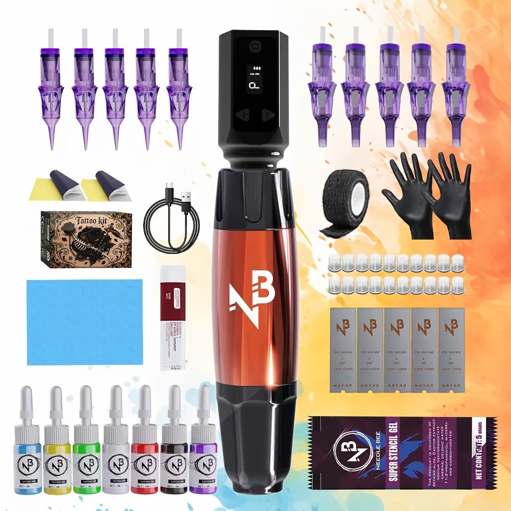 Tattoo Pen Set, Wireless Tattoo Machine Set, Tattoo Gun Set with Tattoo Power Supply, 10 Tattoo Needles, And 8 Bottles Of Tattoo Ink, Complete Tattoo Set Suitable for Beginners And Tattoo Masters