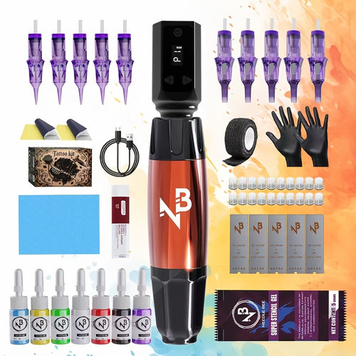 Wireless Tattoo Machine Set Complete - Tattoo Pen Gun with Power Supply 10 Needles 8 Ink Bottles Full Tattoo Kit for Beginners & Professional Tattoo Artists