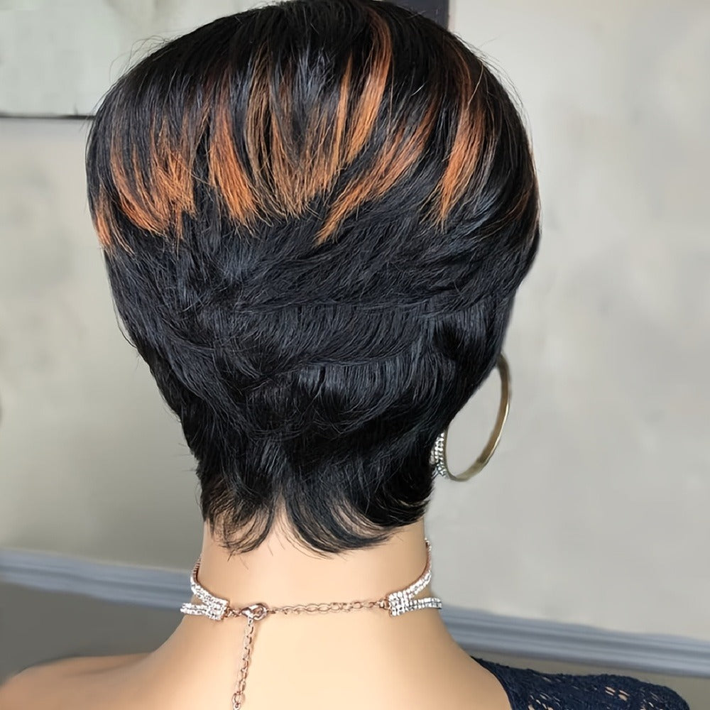 Short Pixie Cut Wig with Bangs Black & Blonde — Layered Style, Brown Blonde Mix, Rose Net Cap, Synthetic Wig for Black Women, 4 Inch Daily Wear
