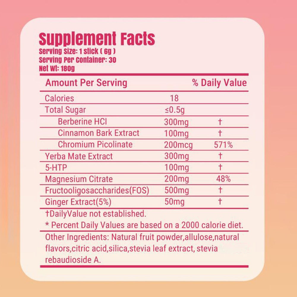 30 Strawberry Acai Flavored Sticks • Vegan Cutting Mix Dietary Supplement with Berberine And Yerba Mate • Natural Support • Gluten-Free • Dairy-Free • Perfect Family Gift