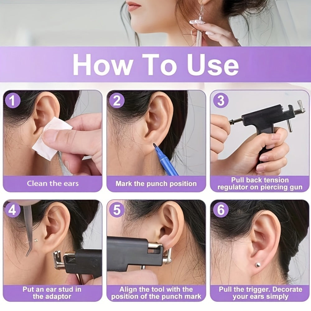 Professional Ear Piercing Gun Set, Reusable, Including 24 Ear Studs, 10 Cubic Zirconia Fashion Earrings | Self-contained Ear And Nose Piercing Tools, Including A Marking Pen, Stainless Steel Jewelry Set