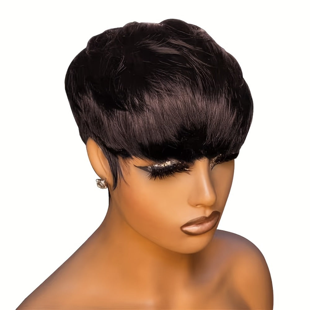 Human Hair Pixie Cut Wig with Bangs 180% Density No Glue Machine Made Breathable Cap Women Black Burgundy Short 6 Inch Daily Wear Party
