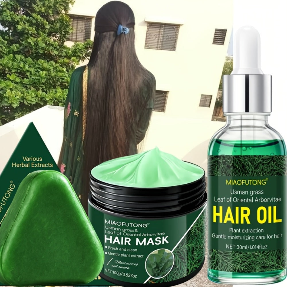 Herbal Hair Care Set 3-Piece Shampoo Bar 120g + Hair Essence 1.01oz + Hair Mask 100g - Deep Cleanse Nourish & Protect for Oily Scalp All Hair Types