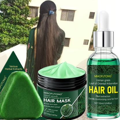Herbal Hair Care Set 3-Piece Shampoo Bar 120g + Hair Essence 1.01oz + Hair Mask 100g - Deep Cleanse Nourish & Protect for Oily Scalp All Hair Types