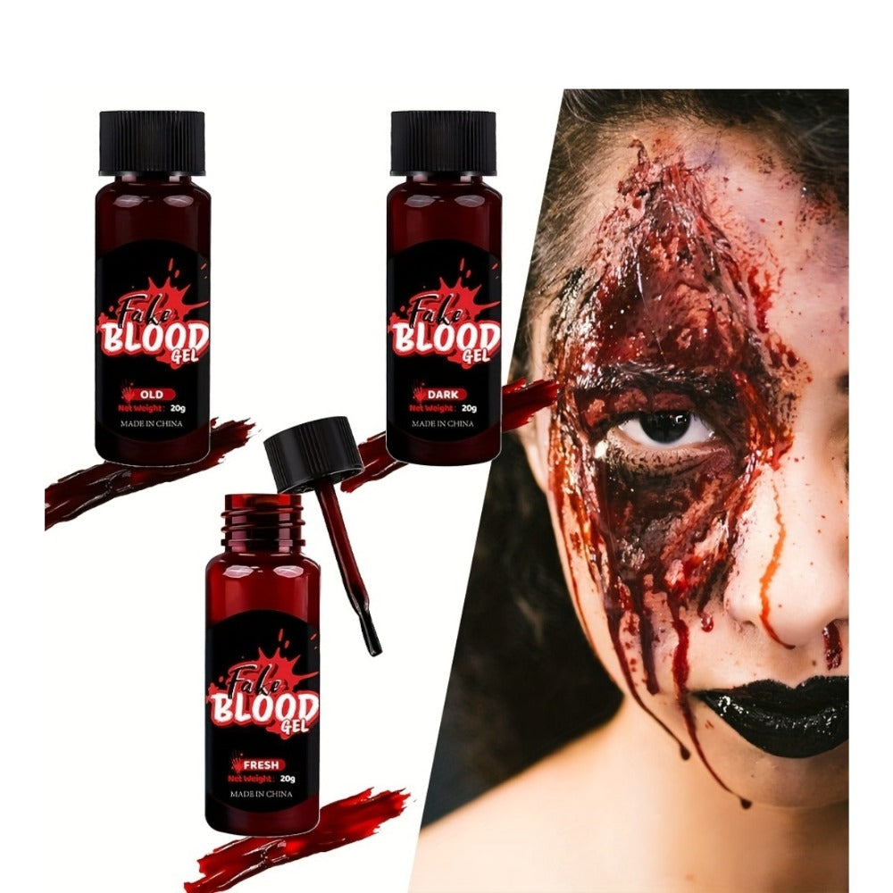 3pcs Fake Blood Makeup Kit, Realistic Sticky Fake Fresh Blood with Brush, Washable Coagulated Dark Old Blood, Theater, Zombie, Vampire Monster SFX Scary Clown Cosplay Makeup Special Effects Dress Up