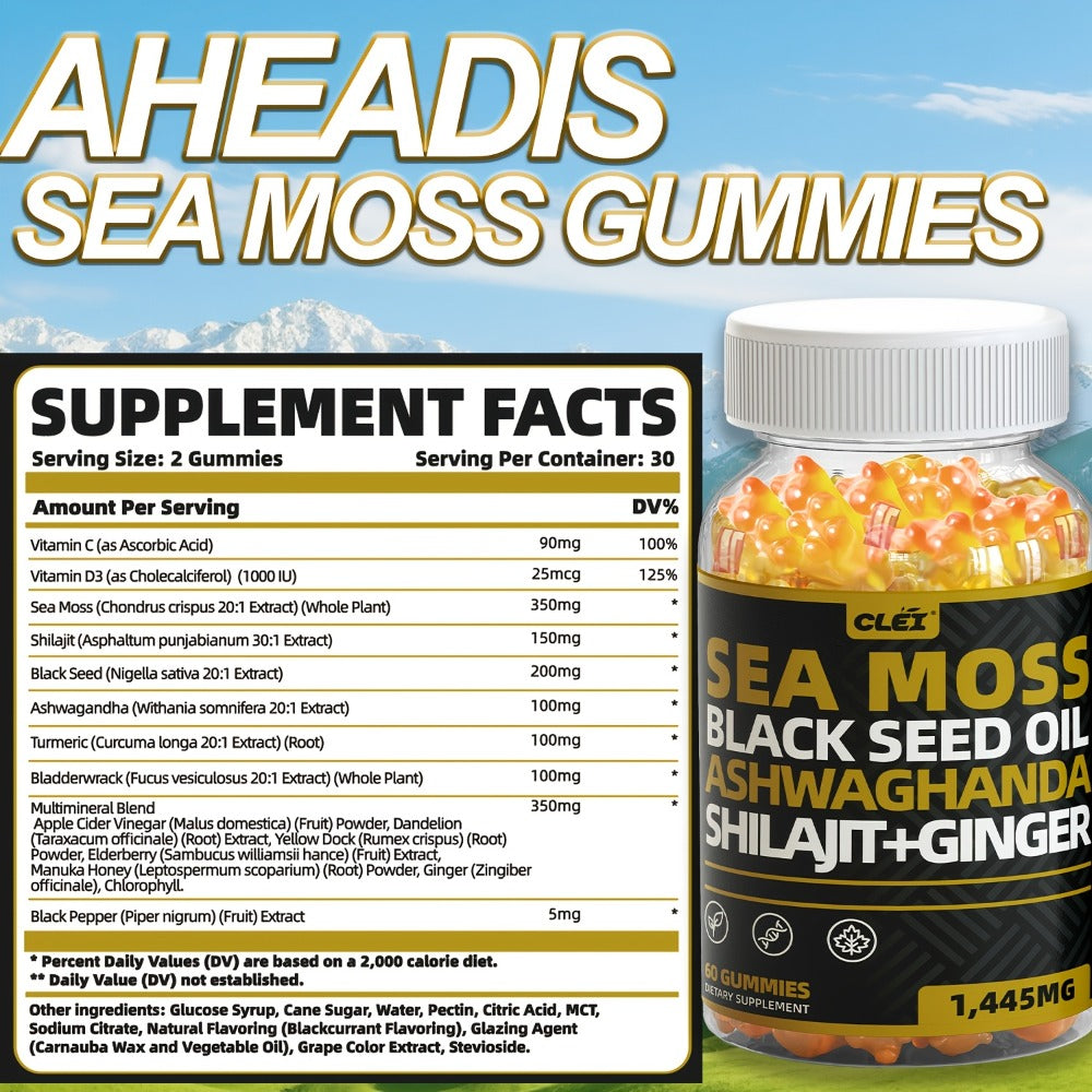 Sea Moss, Black Seed Oil, Ashwagandha, Ginger, Shila Gummies with Elderberry, Chlorophyll, Turmeric, Bladderwrack 1445mg, 60 Gummies | 1/2/3 Bottle