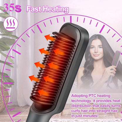 2-in-1 Hair Straightener & Curler with LCD Display — 35-Second Fast Heat, 4-Speed Temperature Control, Anti-Scald Flat Iron Brush for Women, Includes 2 Hairpins & Comb