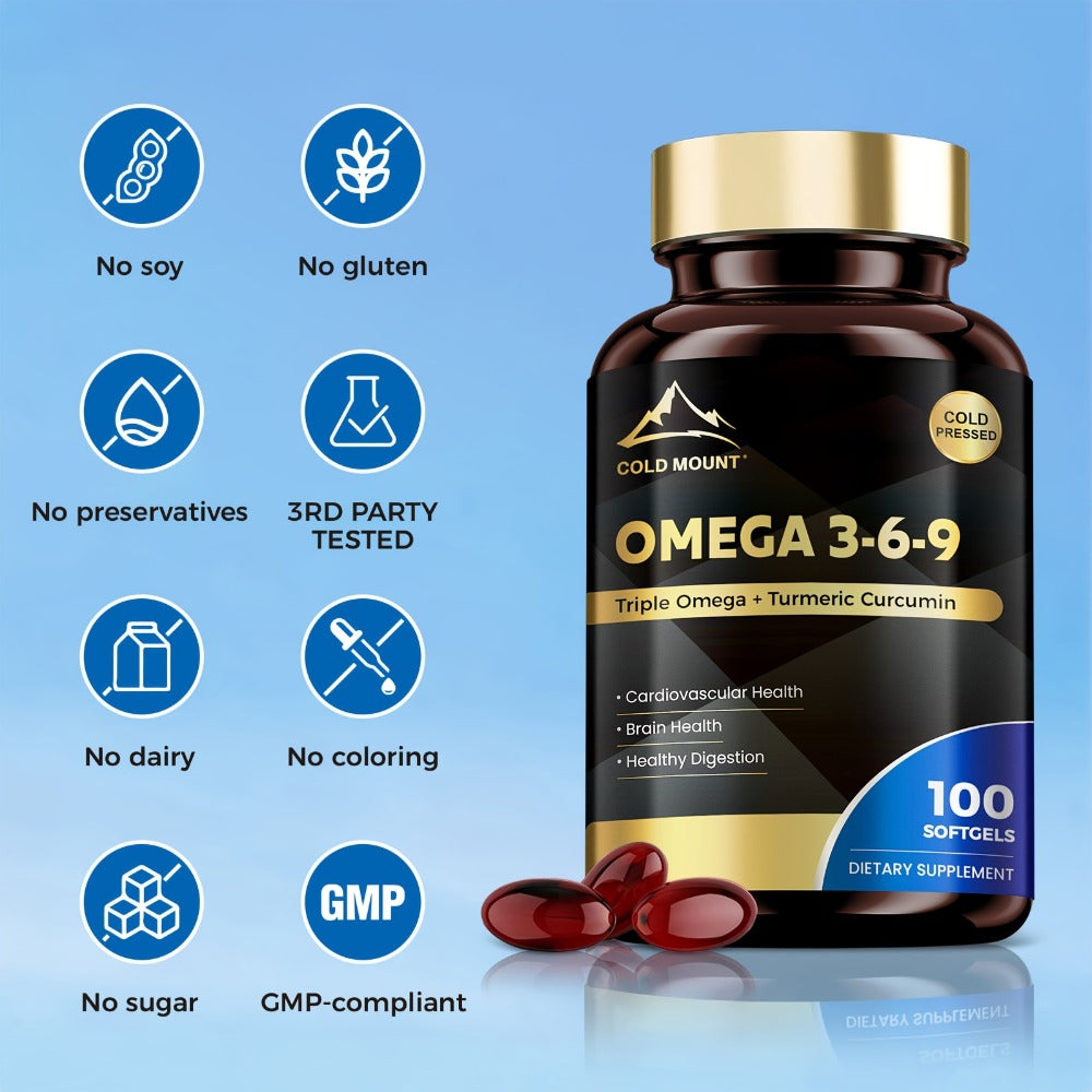 [Omega 3] COLD MOUNT Omega 3, 6, 9 Supplement | 100 Softgel, 50-Day Supply | with Flaxseed, Sunflower Seed Oil, Fish Oil & Turmeric | Hypoallergenic | for Cardiovascular, Liver, Brain, Muscle, Skin, Emotional Health