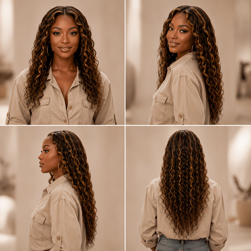 Deep Brown with Light Golden Highlights African Kinky Curly Wig, 24 Inch Heat Resistant Synthetic Fiber 1 X 4 Inch Lace Front, Volumetric Elastic Curls Soft Shine Hairline Glueless Easy Wear, for Daily Casual Streetwear Photo Ready Women
