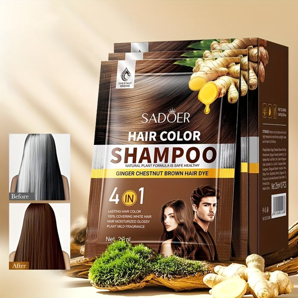Hair Color Shampoo 3-in-1 Natural Hair Dye Deep Cleansing Moisturizing Gel Formula 10 Packs Portable Individual Packaging for Women Men Black Brown