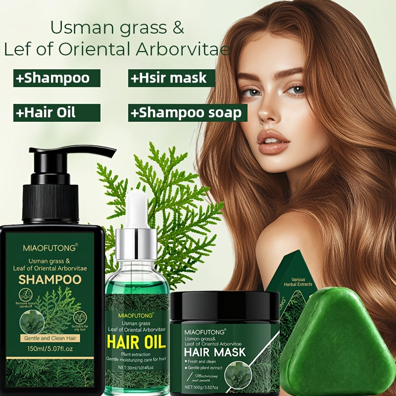 4pcs Set Of Shampoo, Conditioner, And Hair Oil, Hair Mask Set, 10in1- Natural Usman Grass And Platycladus Extract, Shampoo And Conditioner Set, Hair Serum, Cleanses Loose Scalp Debris, Strengthen Hair, Hair Looks And Feels Healthy