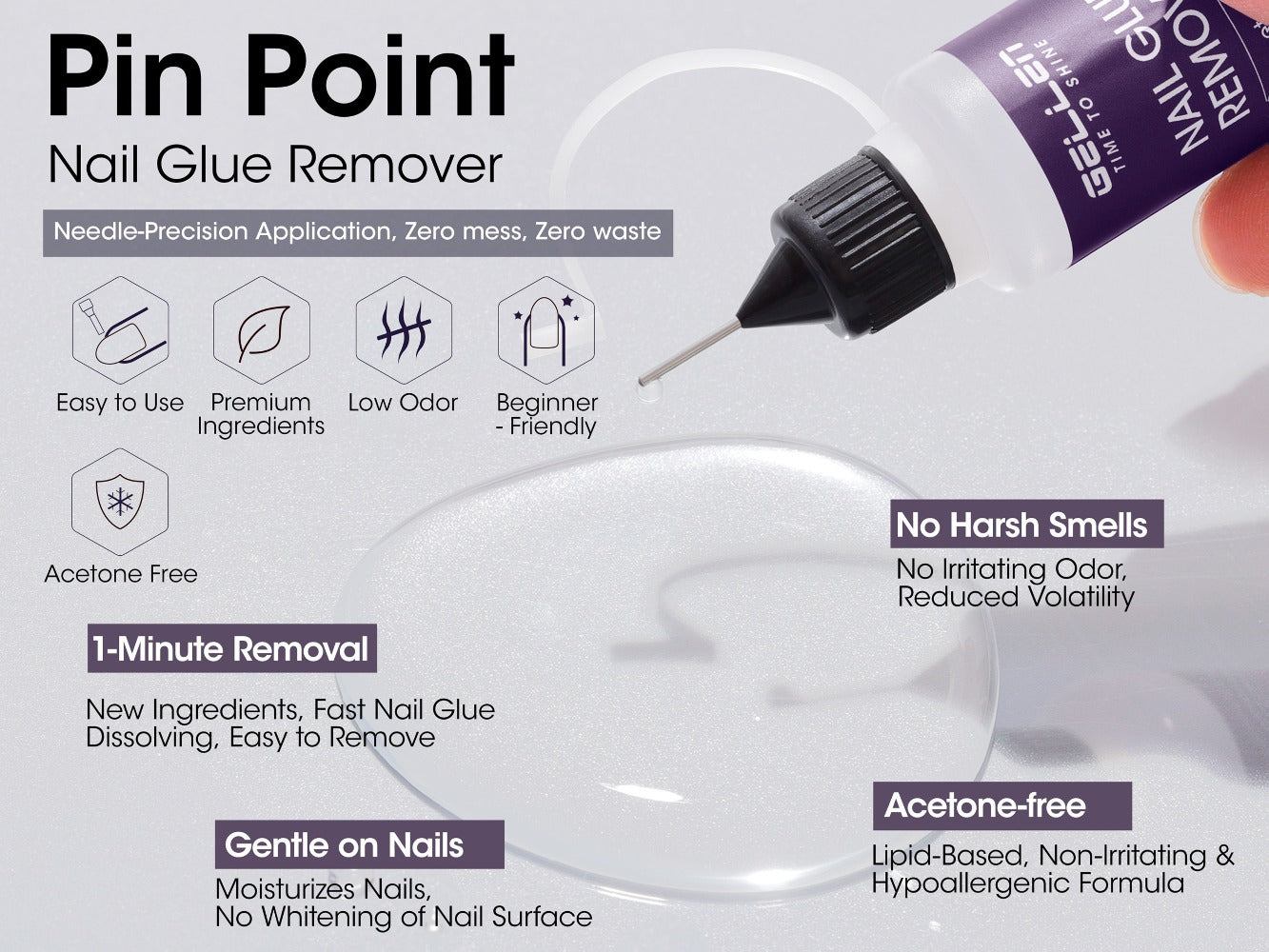 Gellen 0.68oz Pinpoint Nail Glue Remover for Press On, Multi-Functional Remover for Nails Tips, Gentle Glue Remover for Gel X Nails, Non-Acetone Nail Polish Remover