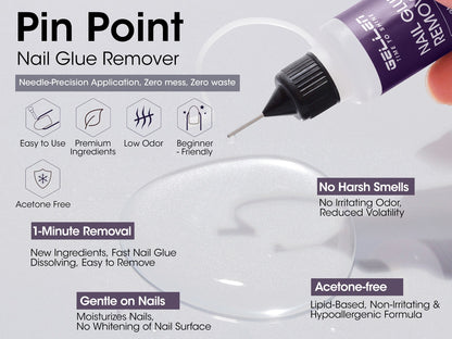 Nail Glue Remover 20ml with Precision Needle Applicator - Acetone Free Non-Irritating Formula for Press On Nails Gel X & Nail Tips - Fast Acting No-Mess Fake Nail Glue Remover for Women