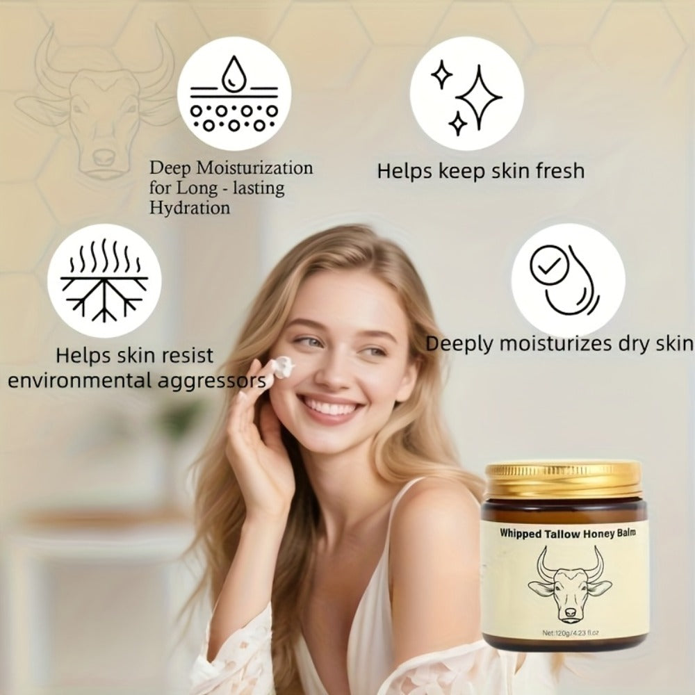 Beef Tallow Balm from Grass-Fed Cattle - a Natural Whipped Moisturizer And Hydrating Cream Suitable for Both Face And Body. It'S Safe for Sensitive Skin, Features a Deeply Nourishing Formula with Honey, Is Made from Unrefined Grass-Fed Beef