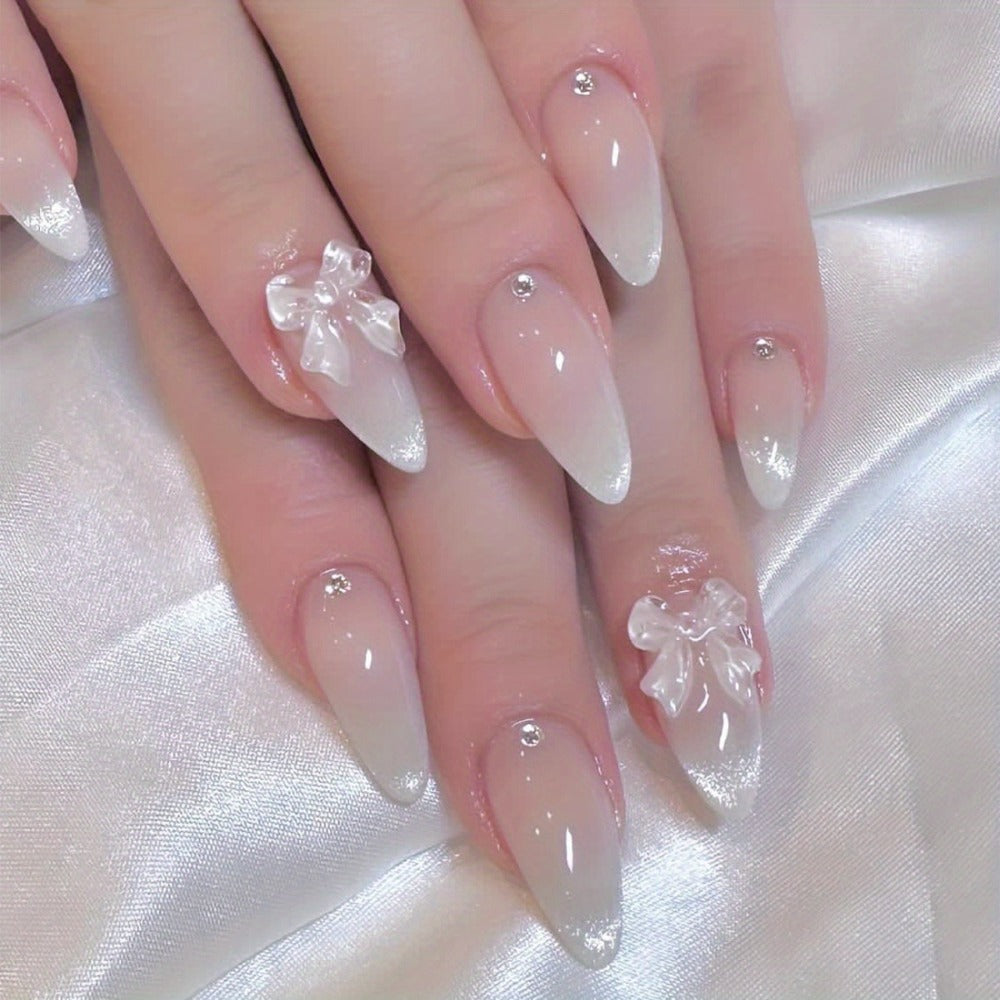 96pcs 4pcs Shiny Ice Pink Gradient Almond Nails - Exquisite Flower Butterfly Design, Easy to Bloom with Press - Perfect Daily Wear for Women and Girls