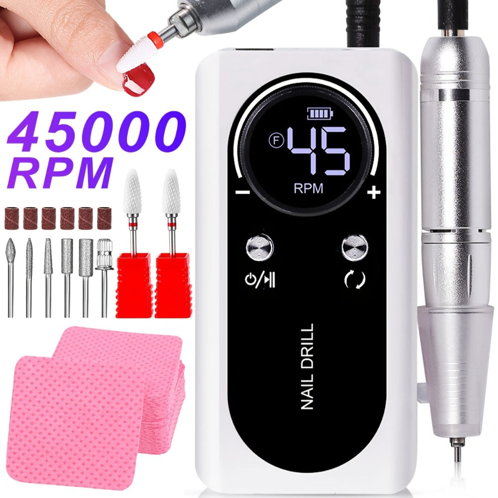 45000RPM Adjustable Speed Low-noise Nail Drill Cordless Display Power Portable Nail File Nail Grinder Suitable for Home Nail Salon Gel Nail Polishing for Nail Salon And Home