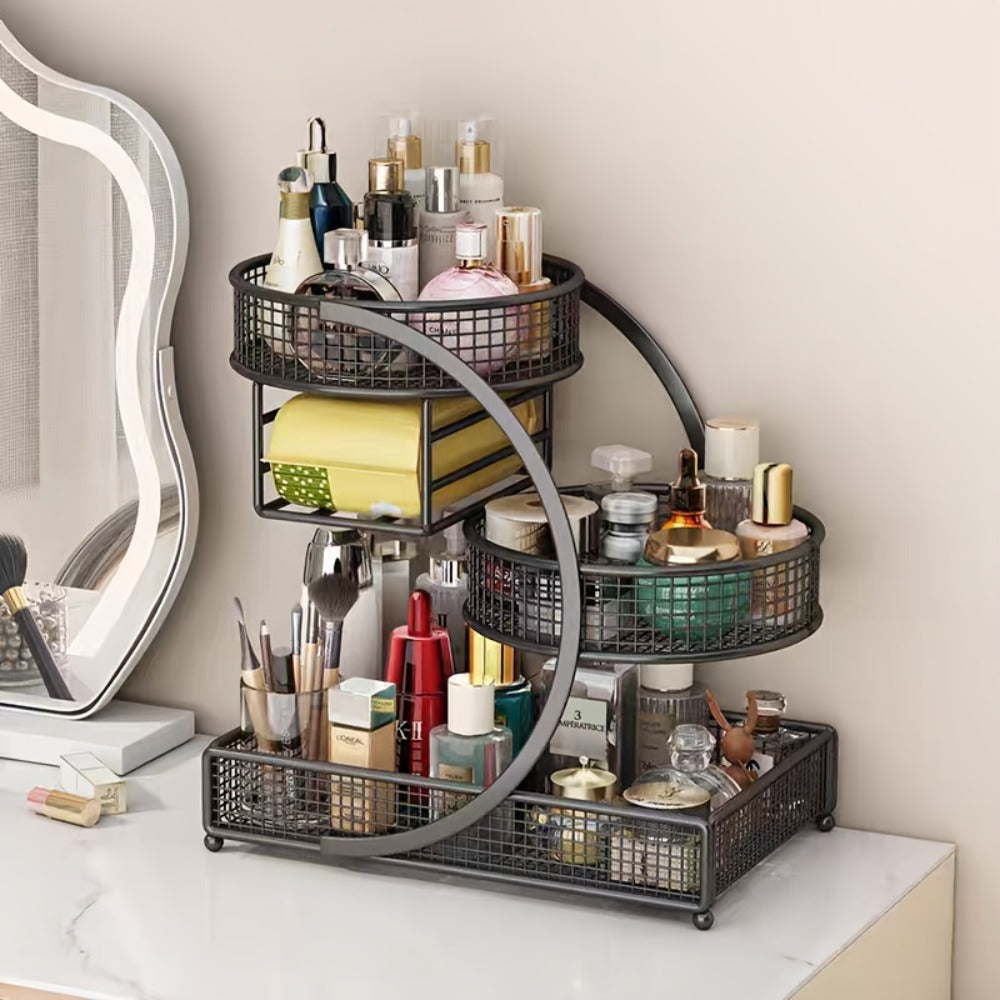 A 3-Tier Metal Cosmetic Organizer with a Varnished End, Featuring a Tissue Box. This Lightweight And No-Installation-Required Storage Rack Can Serve As a Dressing Table Or a Countertop Organizer in The Bathroom
